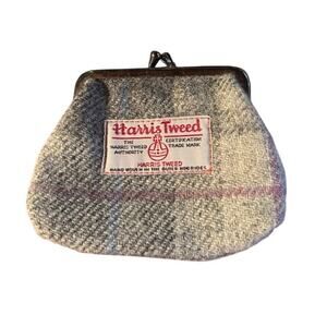 Vintage Harris Tweed Coin Purse Wool Plaid Wallet Kiss Snap Close Scotland Cream